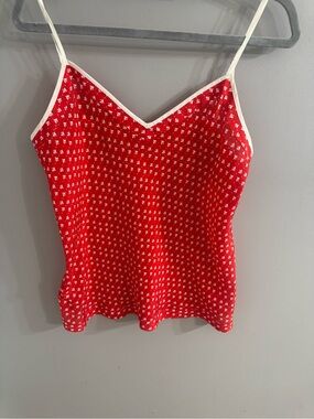 Red Printed V-Neck Silk Tank with White Trim and White Sailboat Pattern- Women
